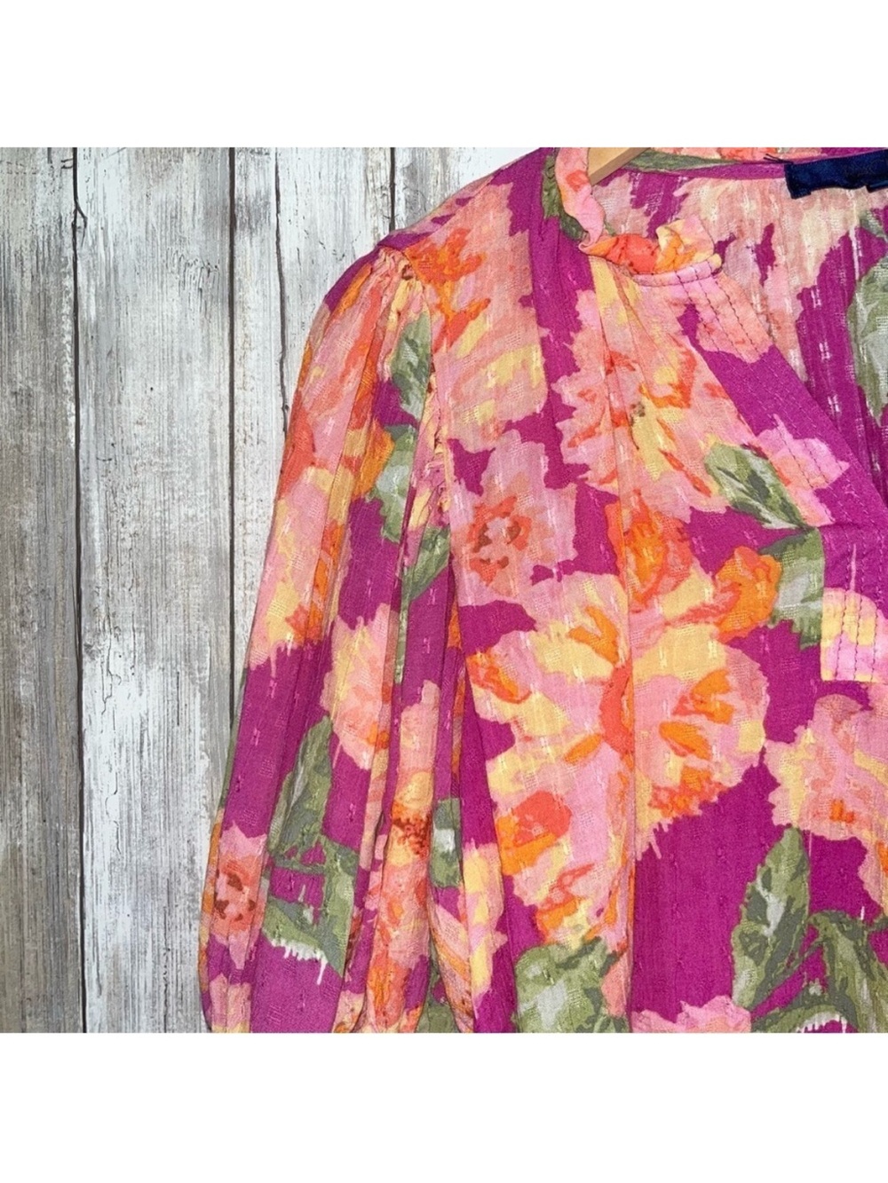 Rachel Roy Floral Blouse Medium Pink Orange Puff Sleeve Boho Top Women - Picture 2 of 5